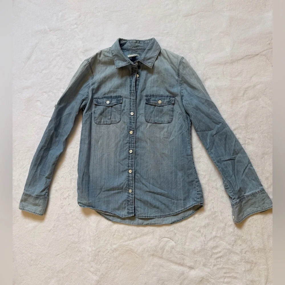 J CREW Women's Size 0 Pocket Button Front Shirt Denim Chambray